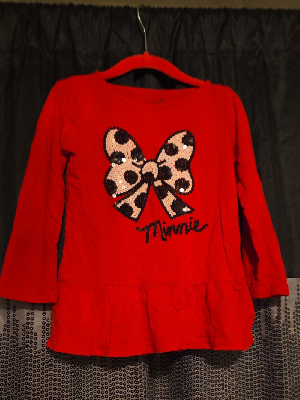 Disney Red Long-Sleeve Minnie Sequin Bow Peplum Top